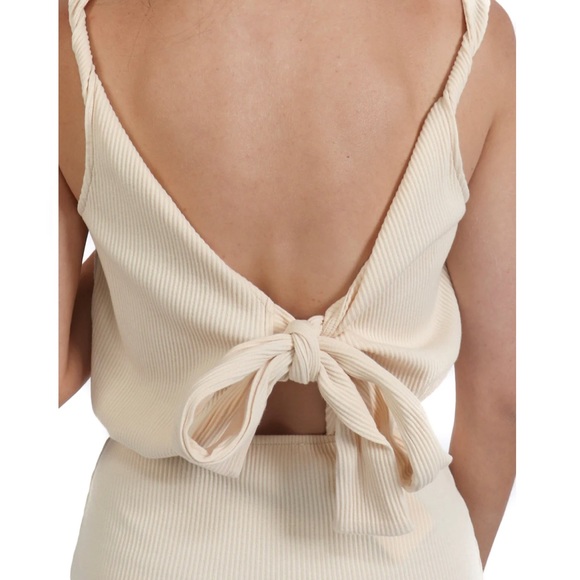 Line and Dot Cream Mini Dress | High Neck | Tie Back | S - Picture 3 of 6